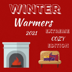 Winter Warmers 2021 Extreme Cozy Edition image of fire in fireplace, cat on sofa