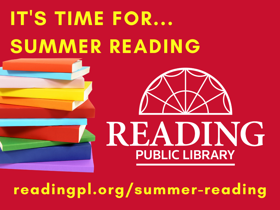 pile of books, RPL logo, text:It's time for...summer reading