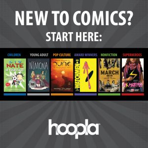 text reading "new to comics? start here:" with images of a variety of comics and graphic novels