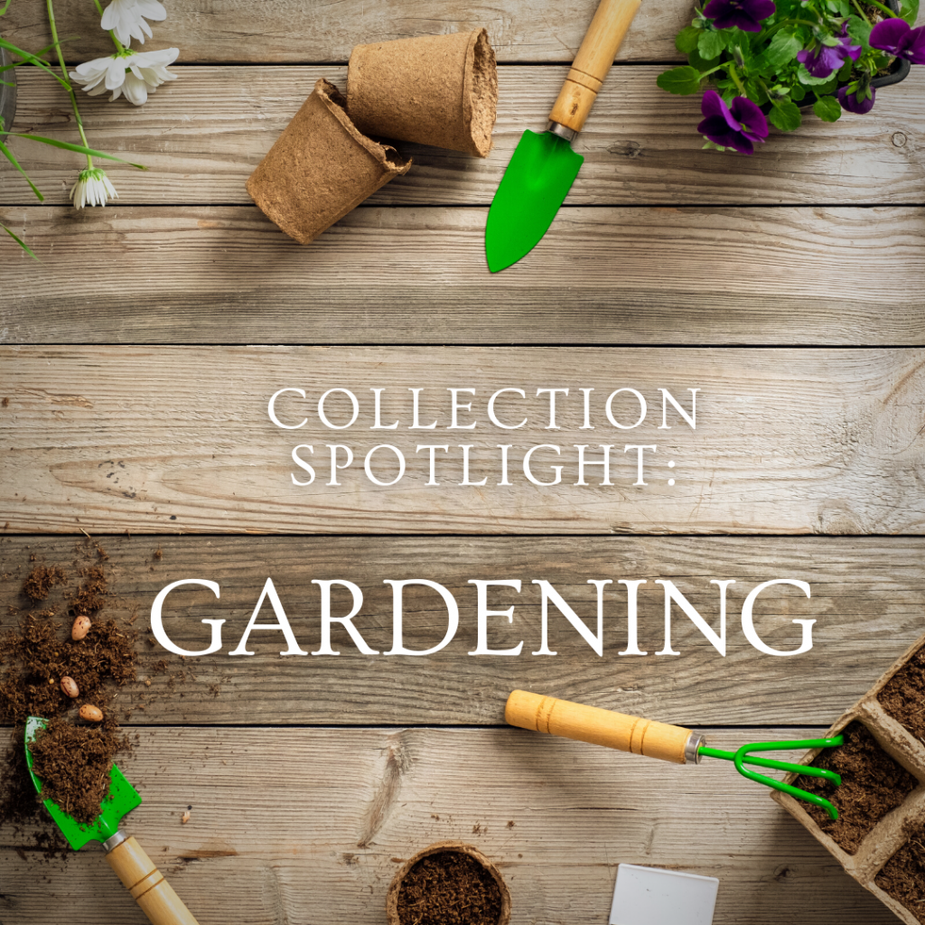 Image of gardening tools and flowers with text 